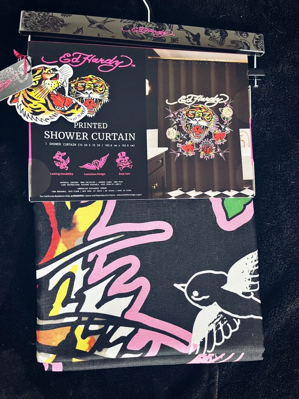 Ed Hardy Black Shower Curtain with Neon Tiger & Pink Accents